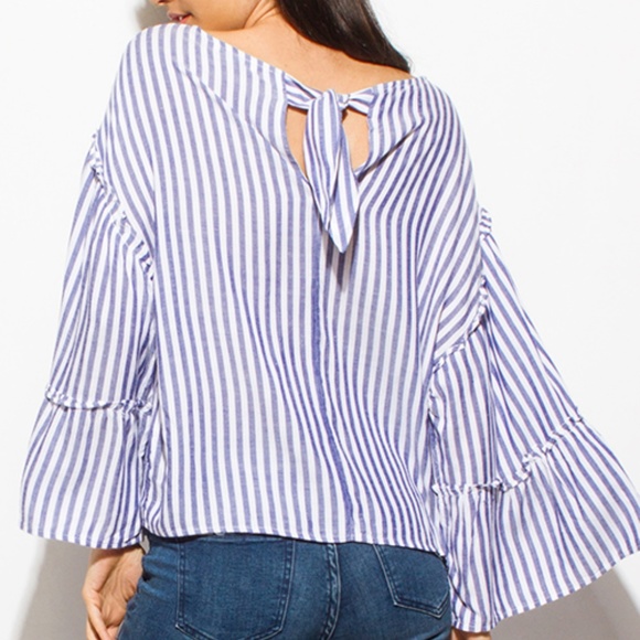 Navy Striped Bell Sleeve Boho Top - Picture 5 of 6